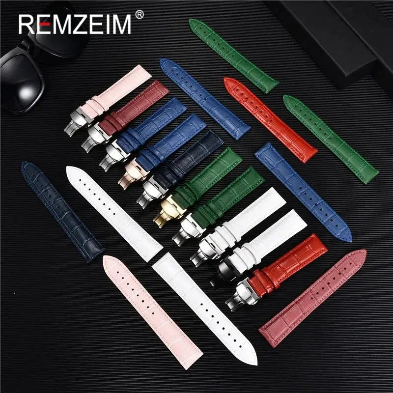 Remzeim Bamboo Pattern Genuine Leather Watch Strap First Layer Cowhide With Steel Butterfly Buckle 18mm 20mm 22mm 24mm