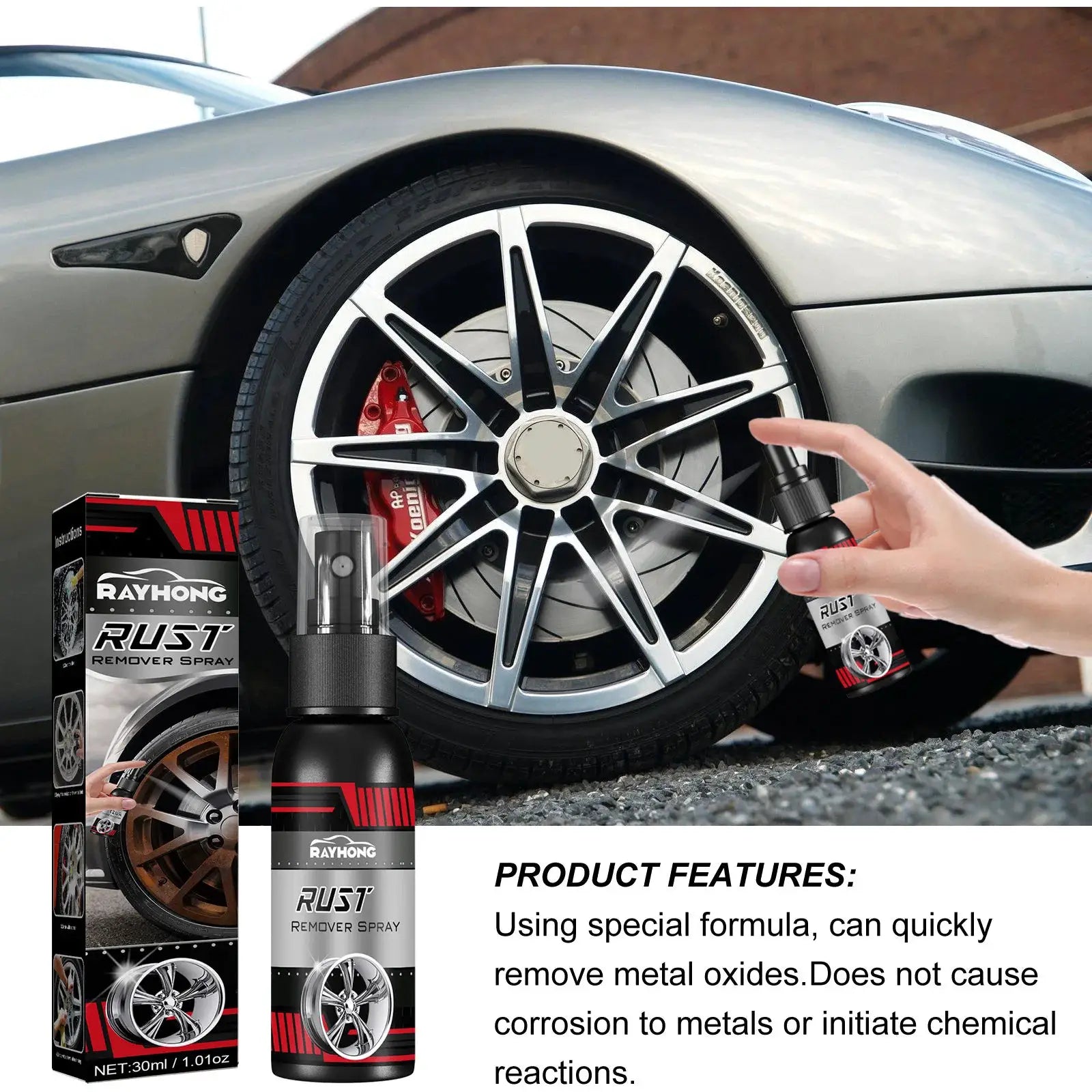Rayhong Rust Remover Spray bottle and box beside a silver alloy wheel with red brake caliper