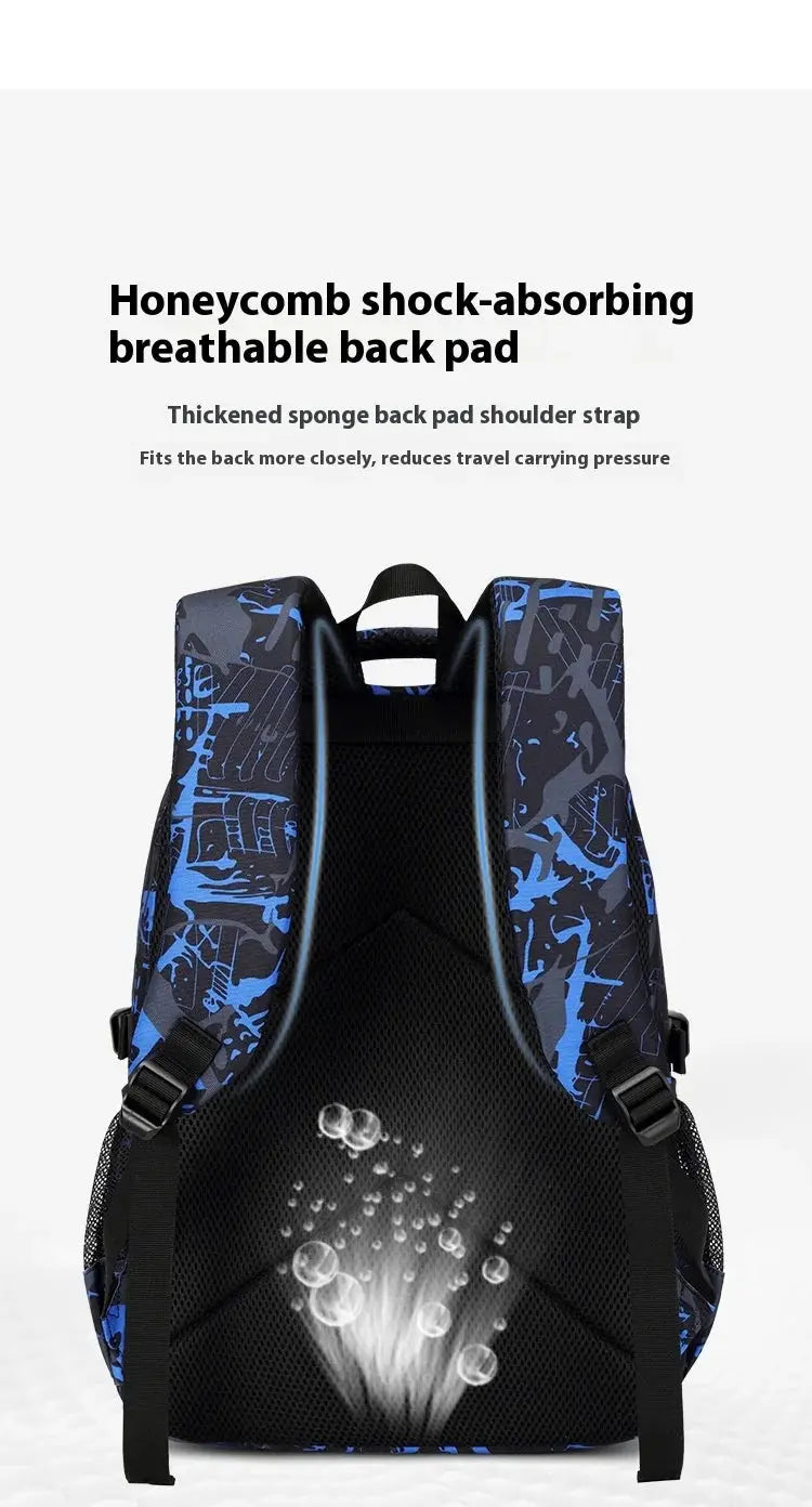 Backpack for boys with blue/black camo print and honeycomb breathable back pad