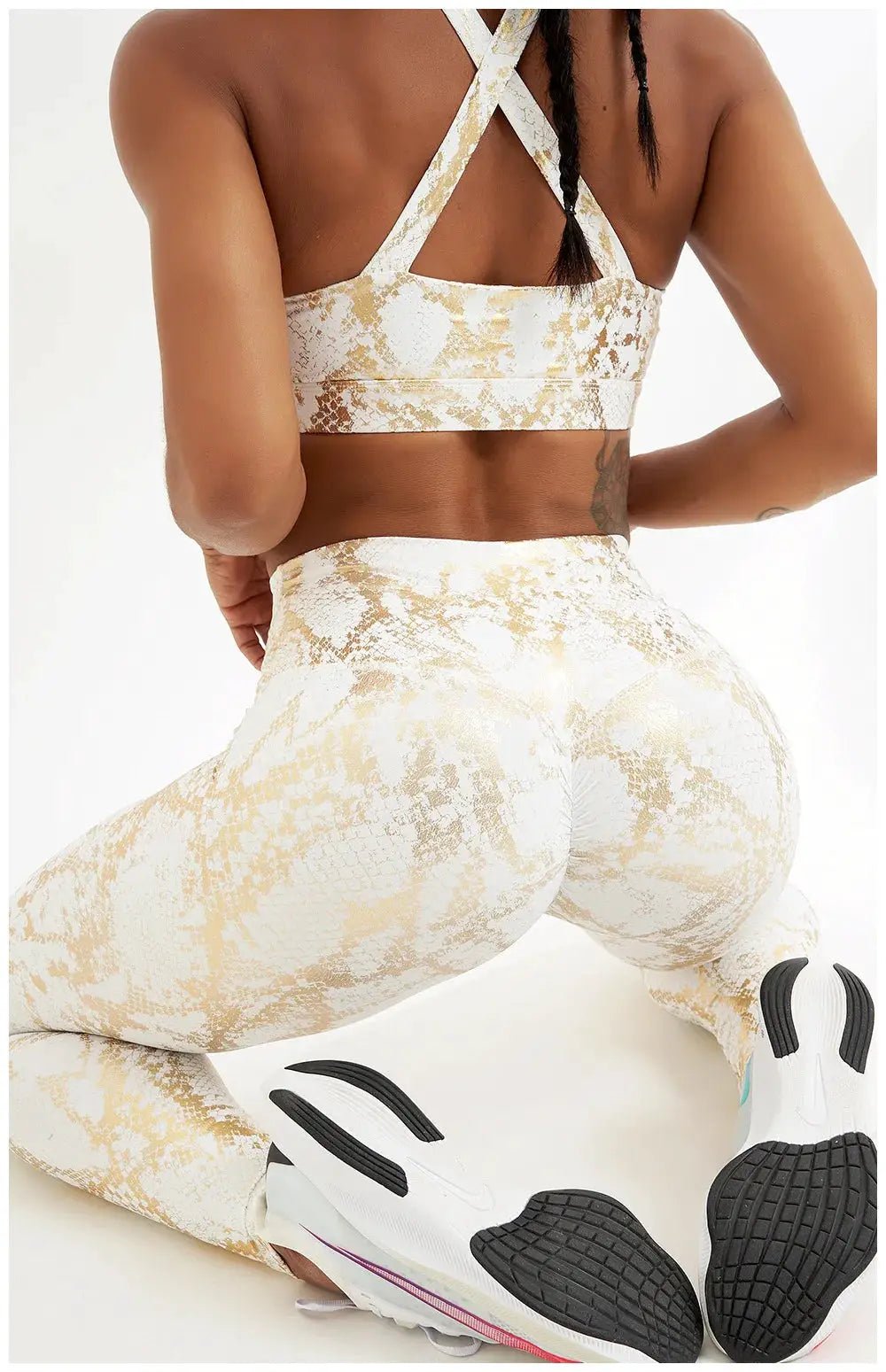 Snake-Printed Yoga Pants, high-waist beige-gold snake pattern stretch leggings for women