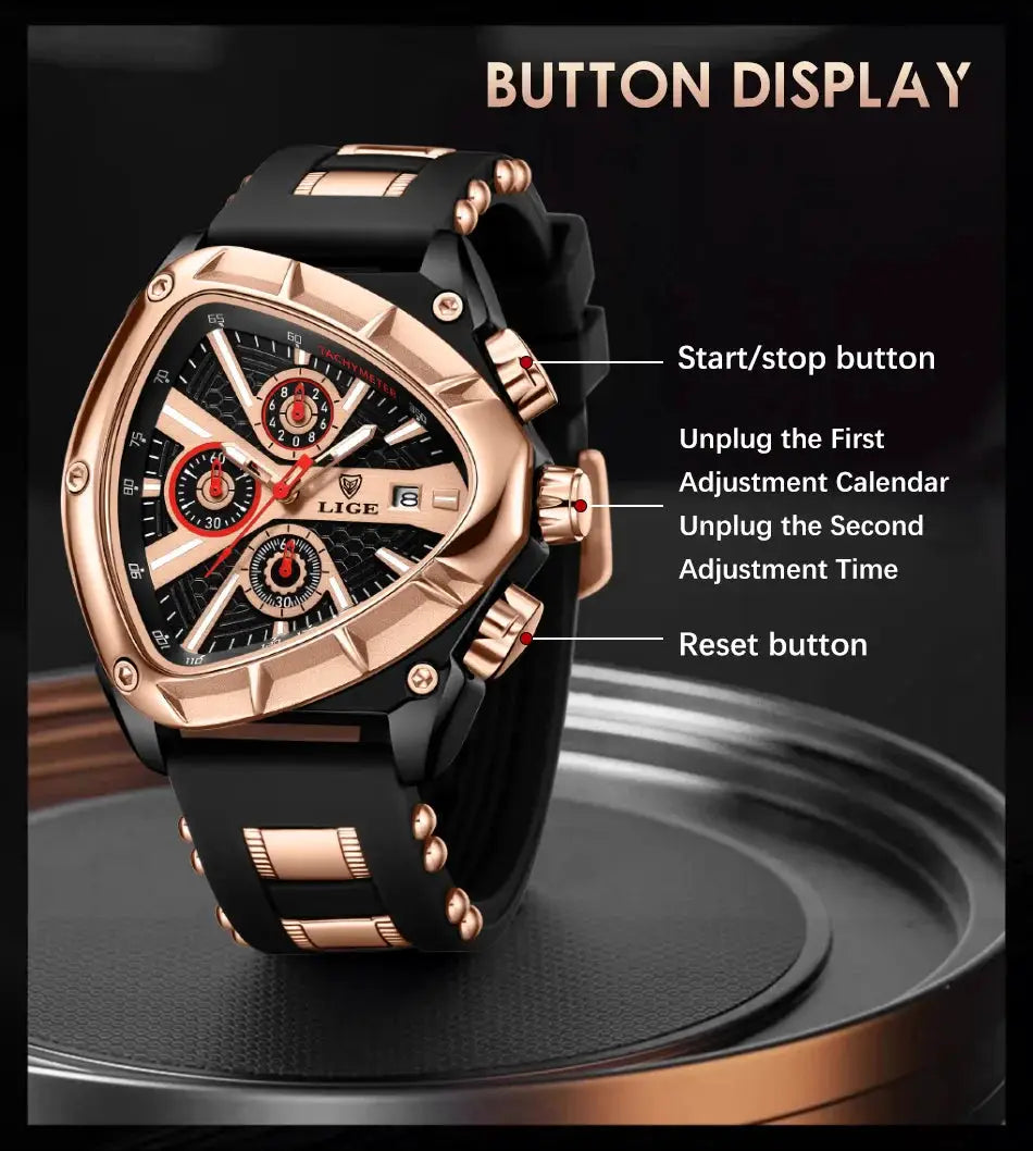 LIGE men's luxury wristwatch with rose gold case and black strap, large dial, quartz, waterproof, with box