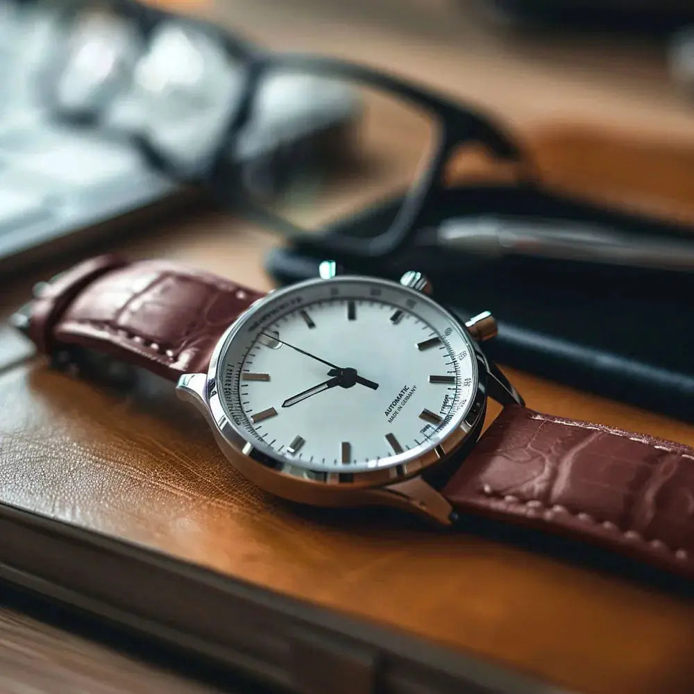 Leather watch strap, brown crocodile-embossed, on a silver watch with white dial