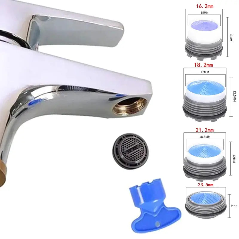 Simples Market chrome faucet aerator kit with four replaceable adapters (M24, M21, M18, M16) and blue filter insert.