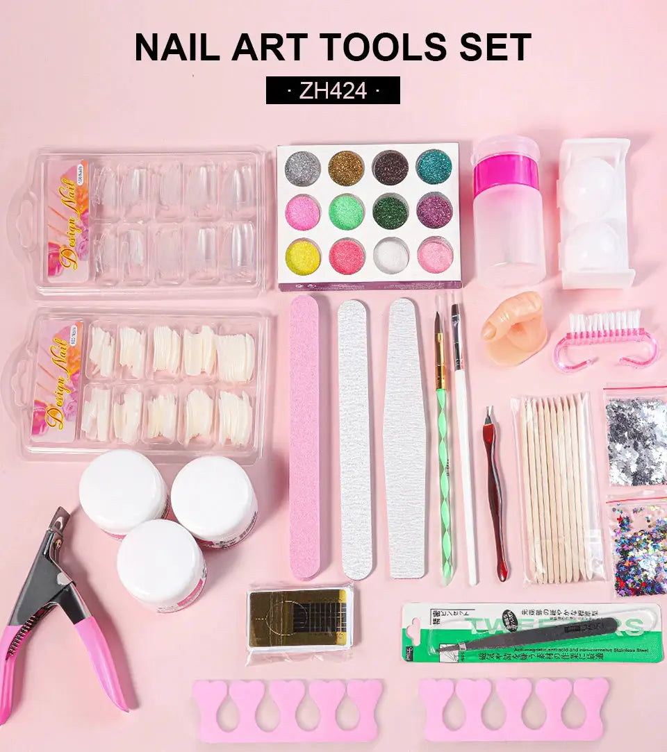 Simples Market Nail Art Tools Set with glitter palette, assorted nail tips, buffers, files, brushes and accessories