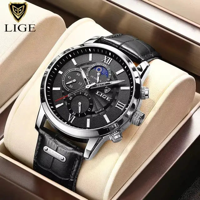 LIGE men's wristwatch with black dial, silver case, black leather strap, chronograph subdials, in a box