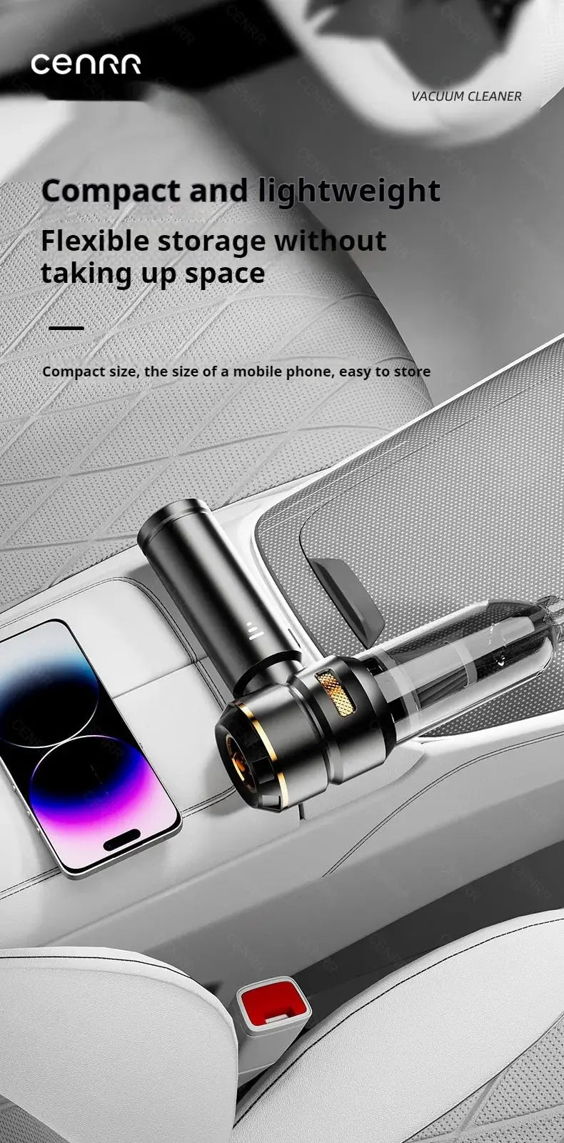 CENRR handheld car vacuum cleaner and smartphone; two items, compact black wireless with transparent dust canister