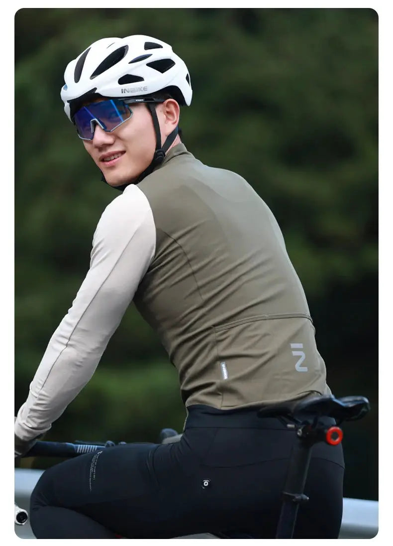 INBIKE winter cycling long-sleeve jersey with pockets and bib pants set for men, olive body with light sleeves.