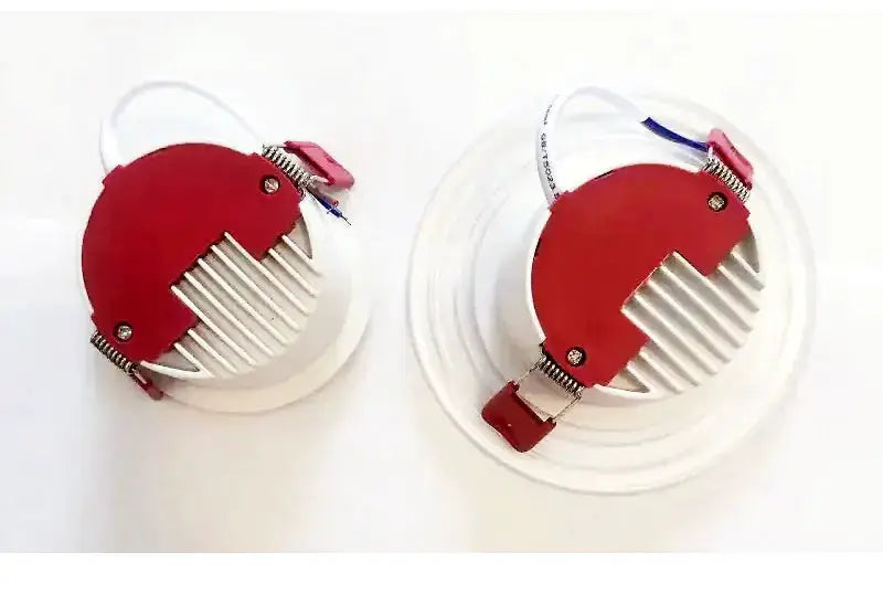 LED downlight pair with red heatsinks and white circular recessed housings
