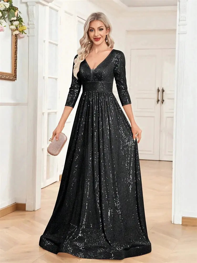 Luxury V Neck Long Sleeve Blue Sequins Formal Evening Dress Women Maxi