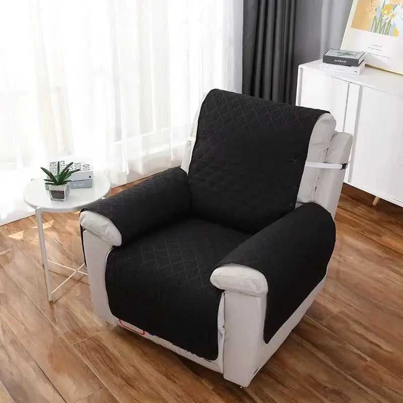 Recliner chair cover, solid black quilted fabric with anti-slip grip for armchair protection