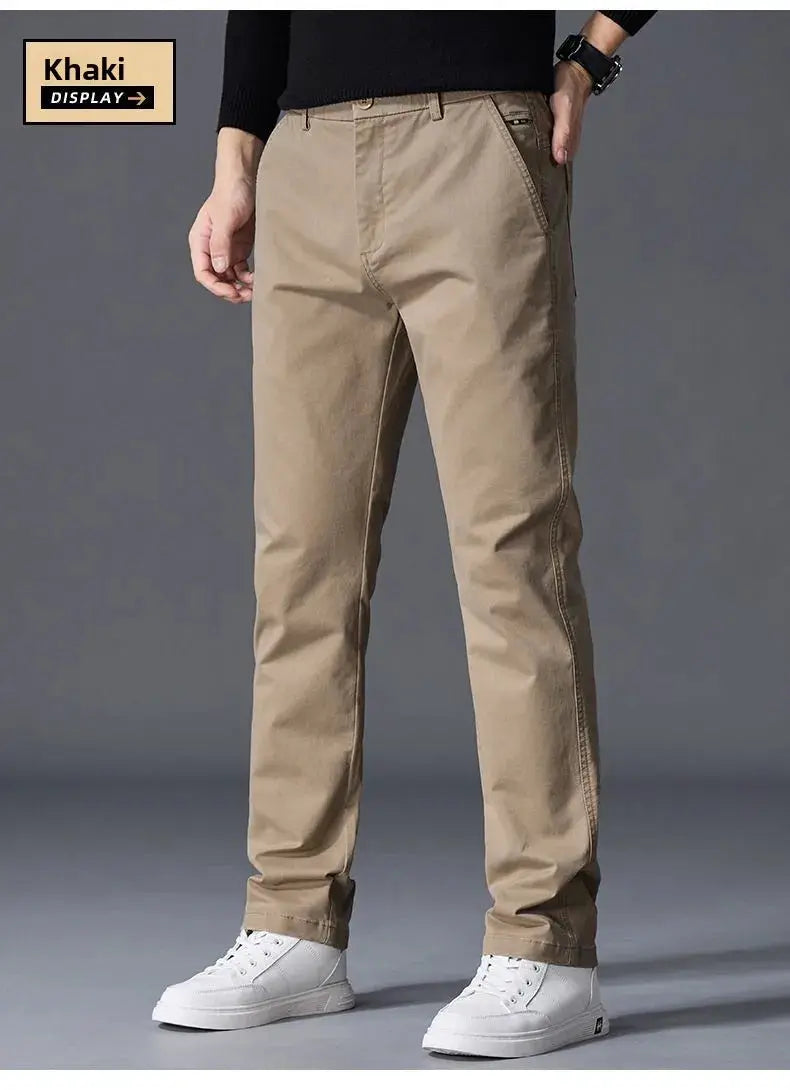 Autumn men's khaki cotton pants, straight-leg casual business trousers.