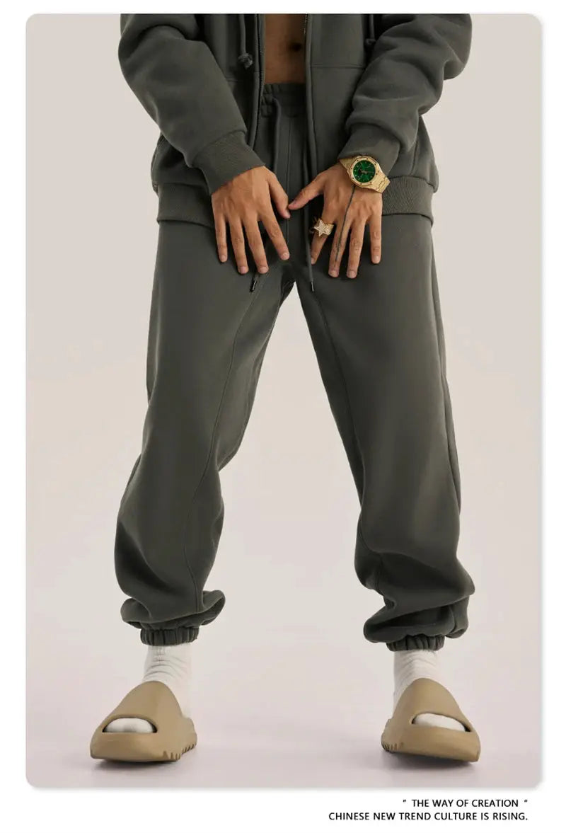 ZODF Trendy fleece sweatpants, unisex dark grey 345gsm, loose retro hip-hop joggers.