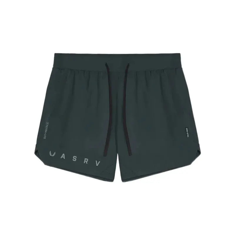 ASRV men's quick-dry basketball shorts in dark green with a black drawstring and front logo.