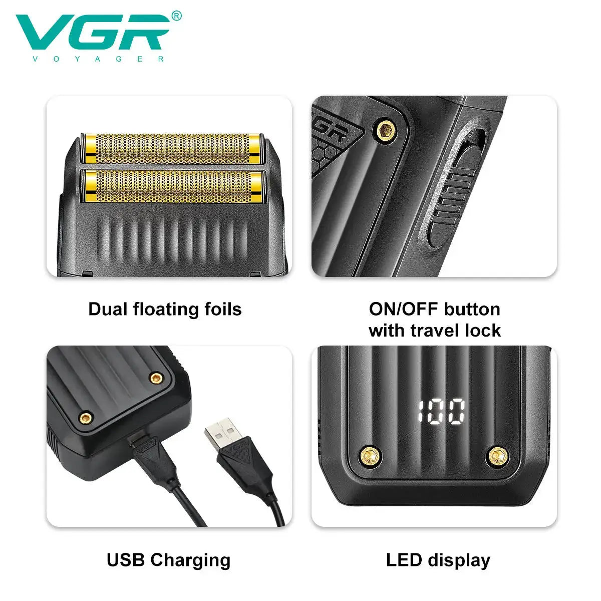 VGR 363 electric shaver with black body and dual floating gold foils, USB charging and LED display.