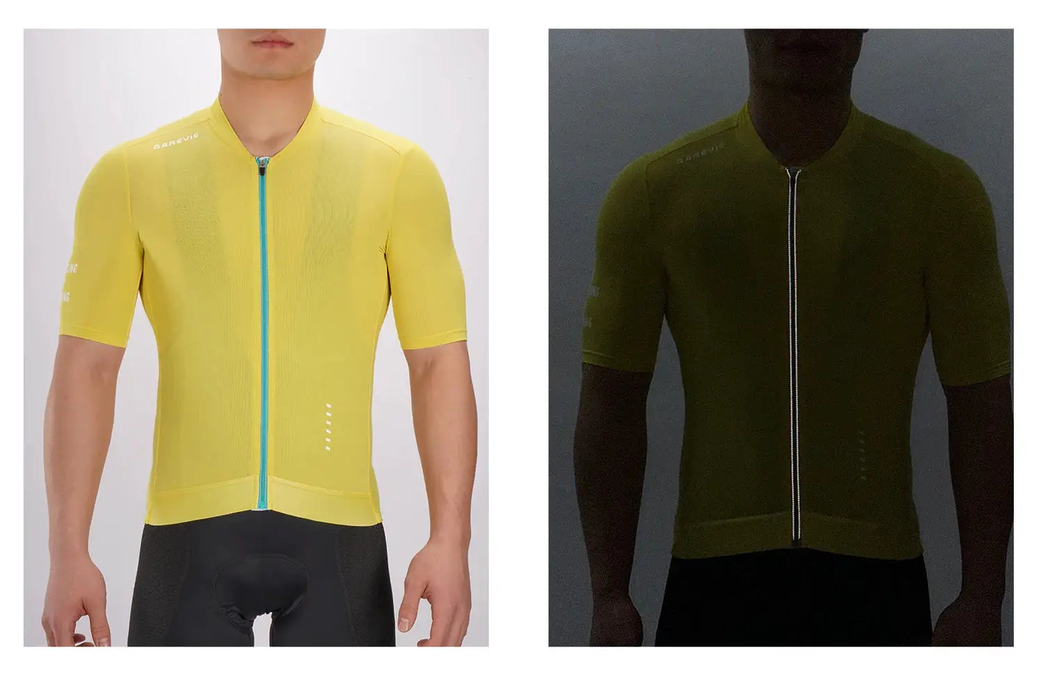 DAREVIE cycling jersey; two variants: yellow with turquoise zipper and olive with white zipper; breathable quick-dry.