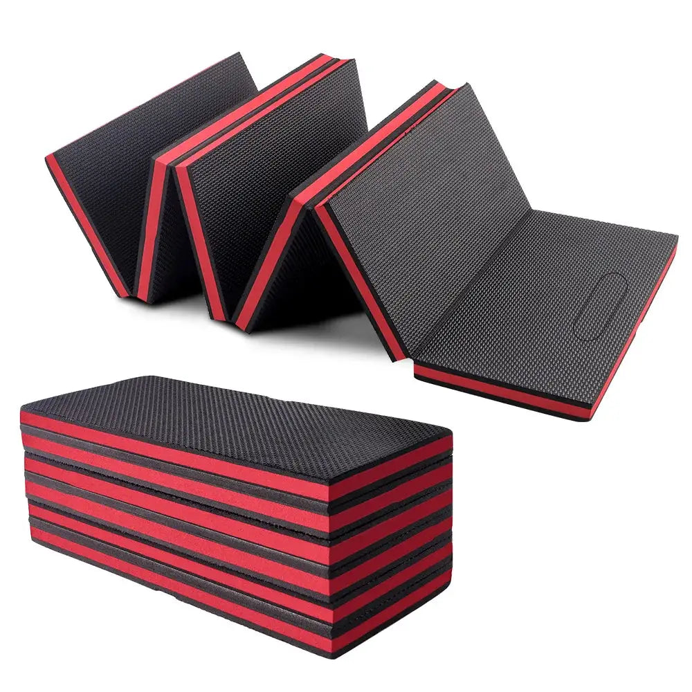 Simples Market EVA foldable car repair mat set, black foam with red trim, 6-piece modular waterproof work pads.