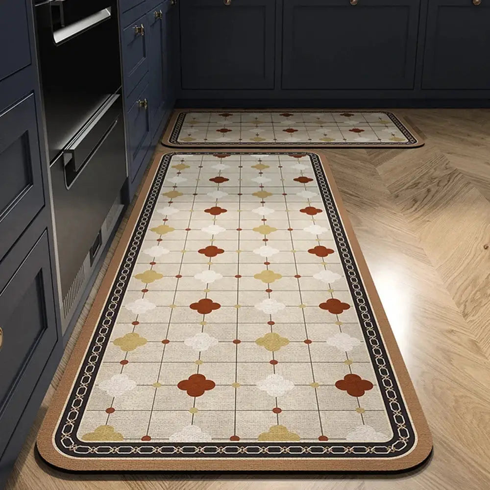 Non-slip kitchen mats Simples Market, crystal velvet runners with beige, brown and cream geometric pattern (set of 2).