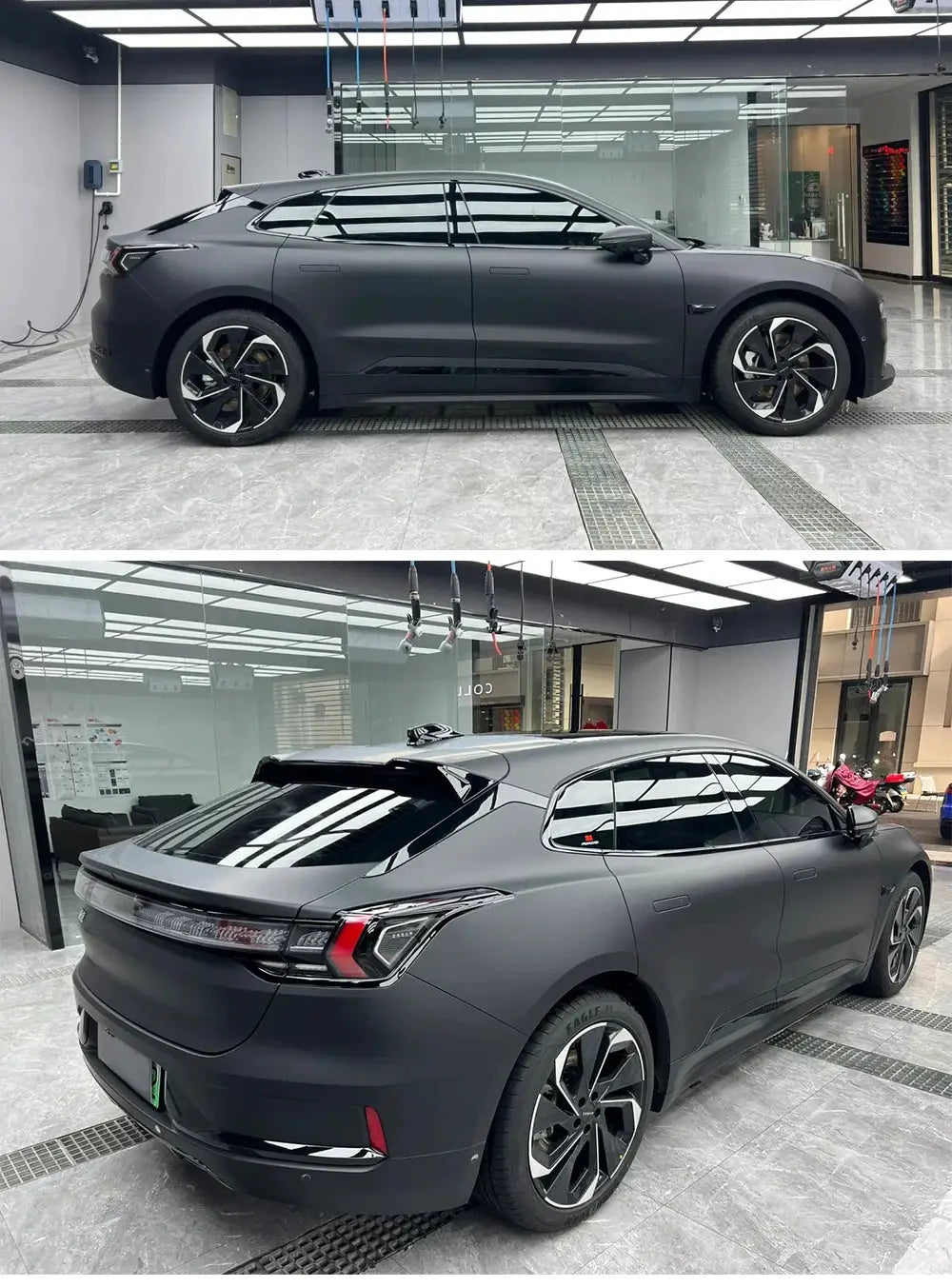 Matte black PVC car vinyl wrap on SUV, shown in two showroom angles
