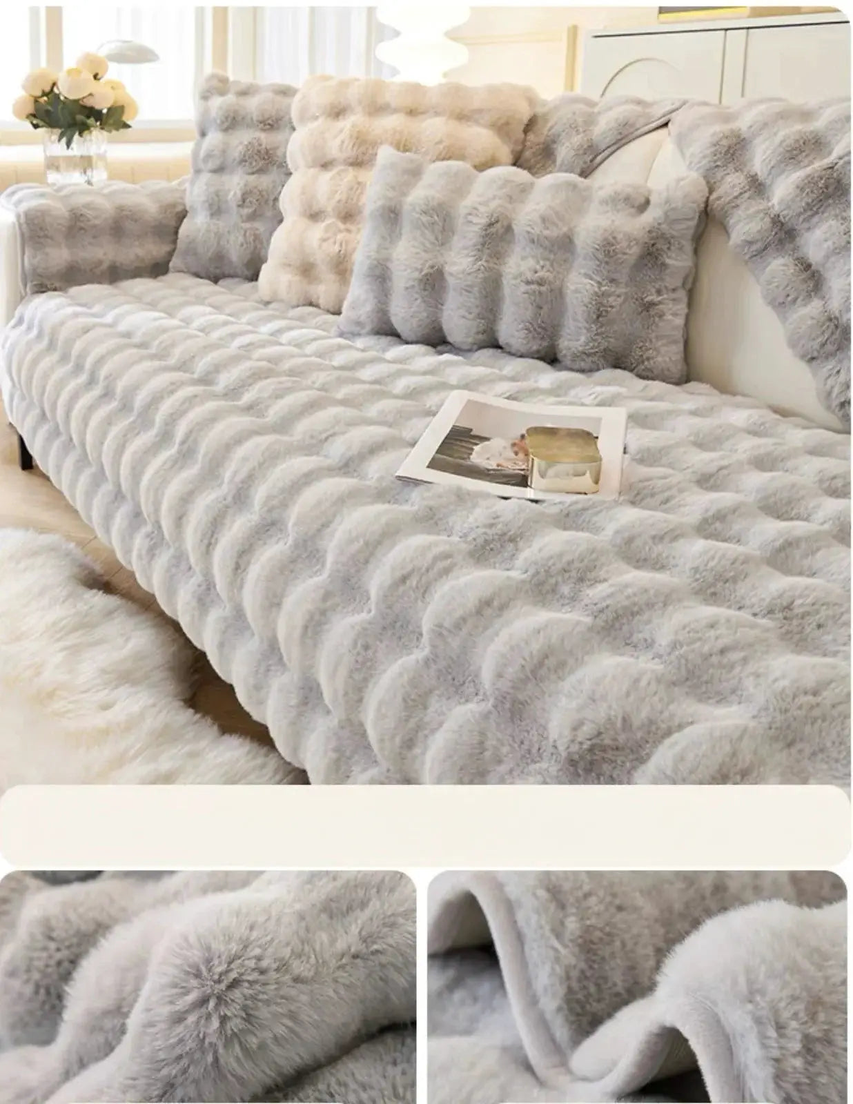 Simples Market thick faux rabbit fur plush sofa slipcover set with matching cushions in light gray
