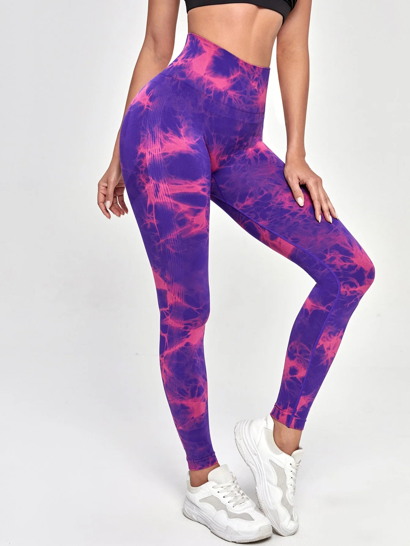 Women's tie-dye nine-tenths leggings, high-waist yoga pants in purple-pink print, Simples Market