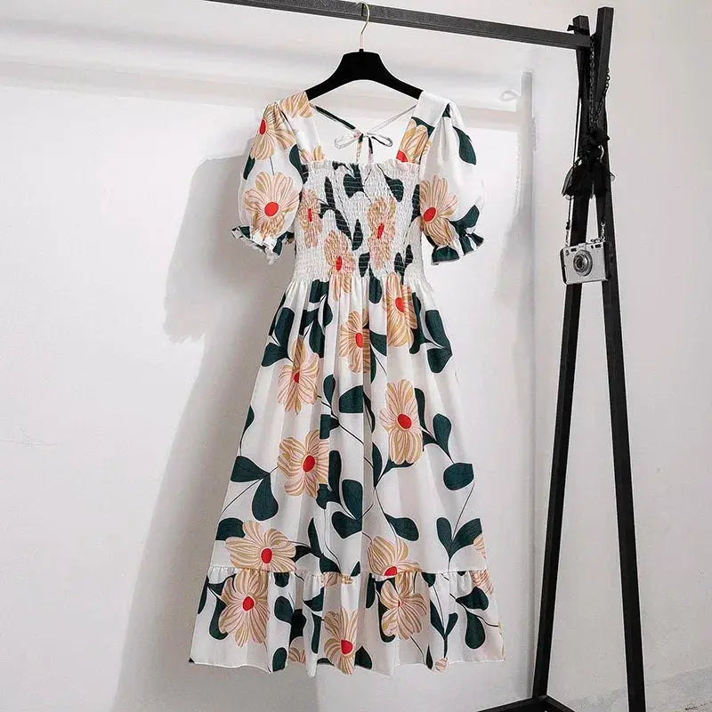 Chiffon Spring Summer A Line Dress For Women With Elastic Waist Pleated Short Sleeve Casual Flattering Fit