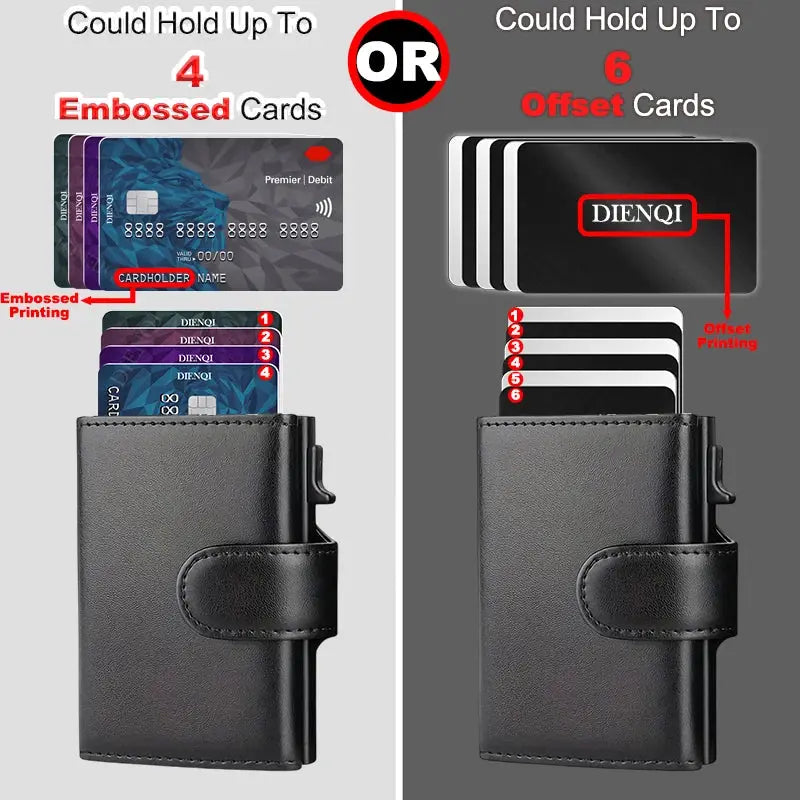 RFID microfiber leather men’s wallet, black slim trifold with card slots; holds up to 4 embossed or 6 offset cards