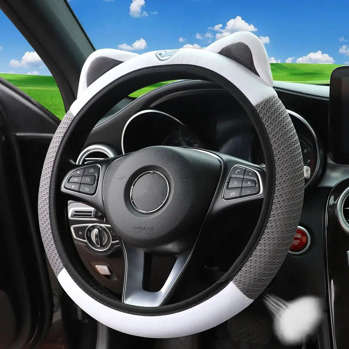 Kitten-ear steering wheel cover, breathable mesh, fits 14.5–15 inch cars, white with gray sides