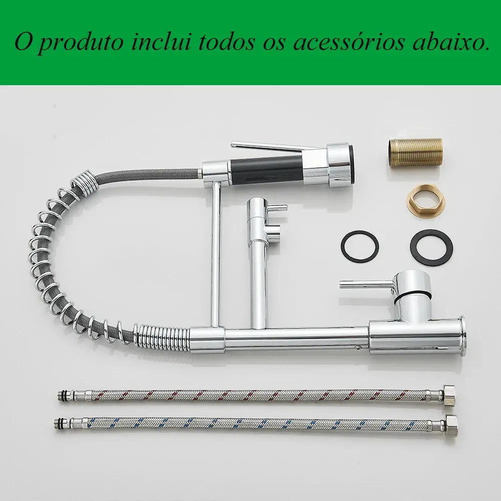 Chrome pull-down kitchen faucet with dual swivel spout; includes two braided hoses and installation hardware.