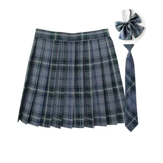 Simples Market plaid pleated JK-style skirt with necktie and bow, navy-green tartan mini A-line