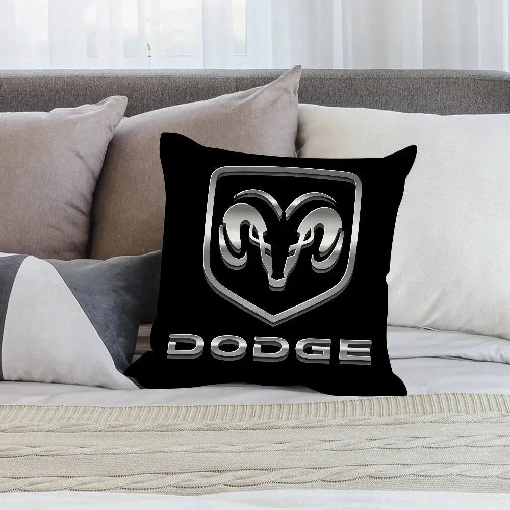 Dodge car logo throw pillow cover in black plush fabric, double-sided print, Simples Market