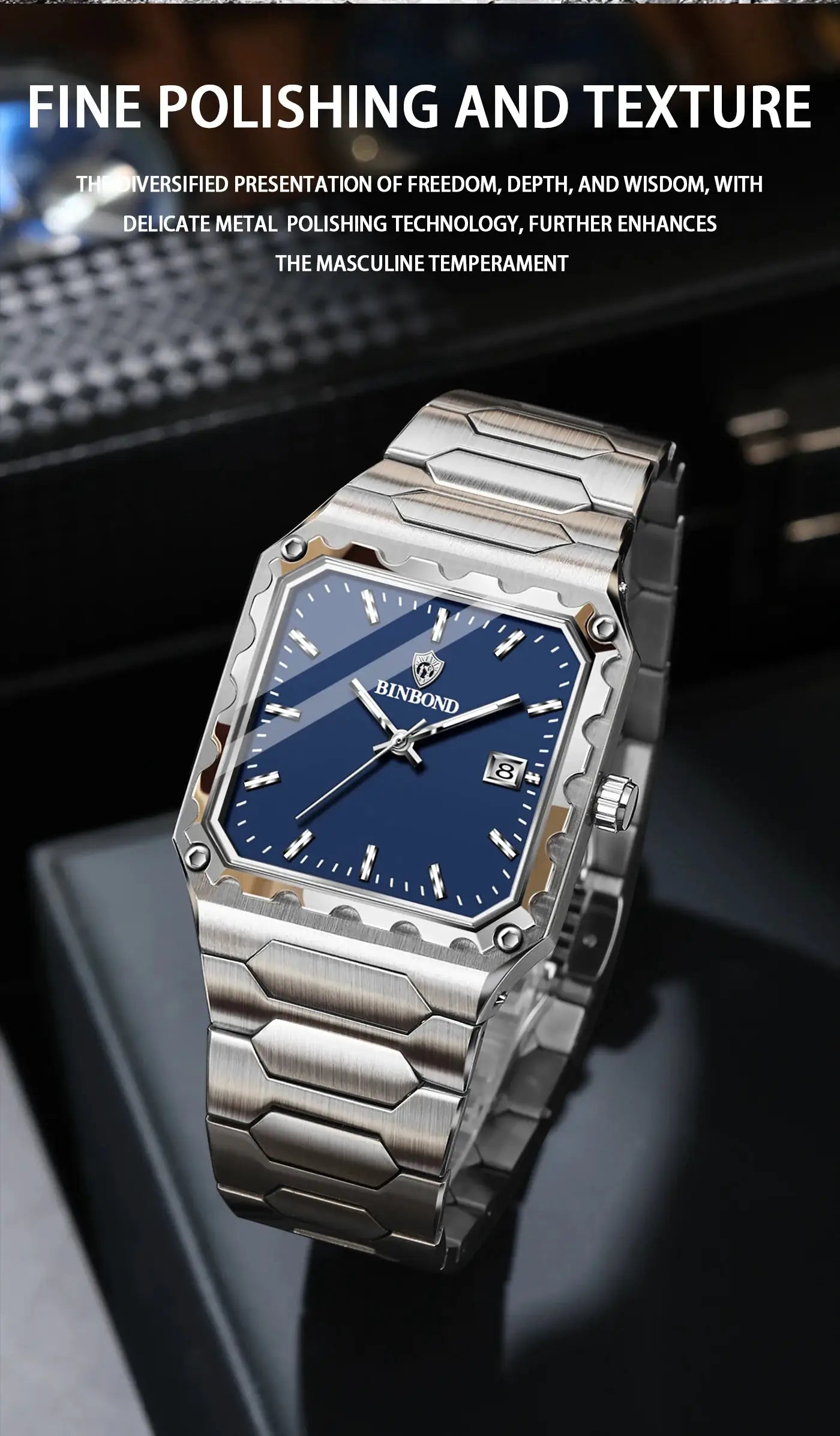 BINBOND men's luxury stainless steel watch with blue dial, date window, luminous hands