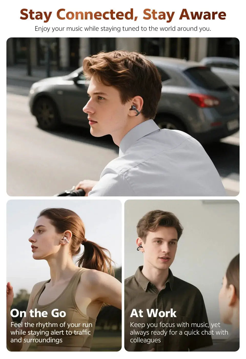 QCY Crossky C50 open-ear wireless earbuds by Simples Market; collage shows 3 models wearing black open-ear buds.
