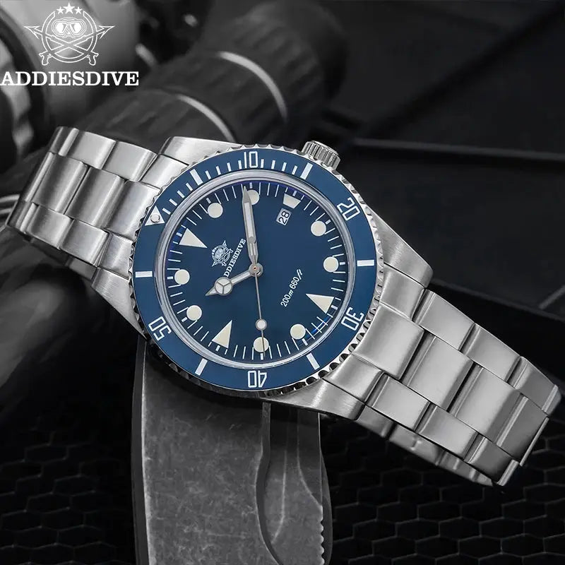 ADDIESDIVE men's diver's watch with blue dial and blue bezel, stainless steel bracelet, 200m water resistant
