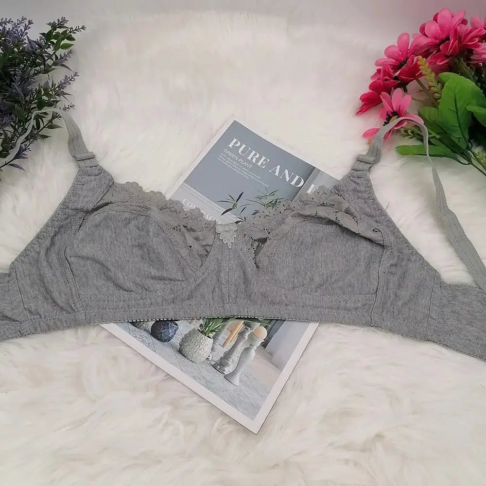 Simples Market gray wire-free unlined bra with lace trim.