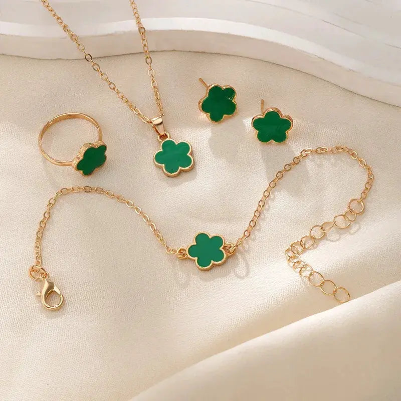 Lucky Clover Five Petal Necklace Earrings Ring Bracelet Set For Women Fashion Accessories Party Jewelry
