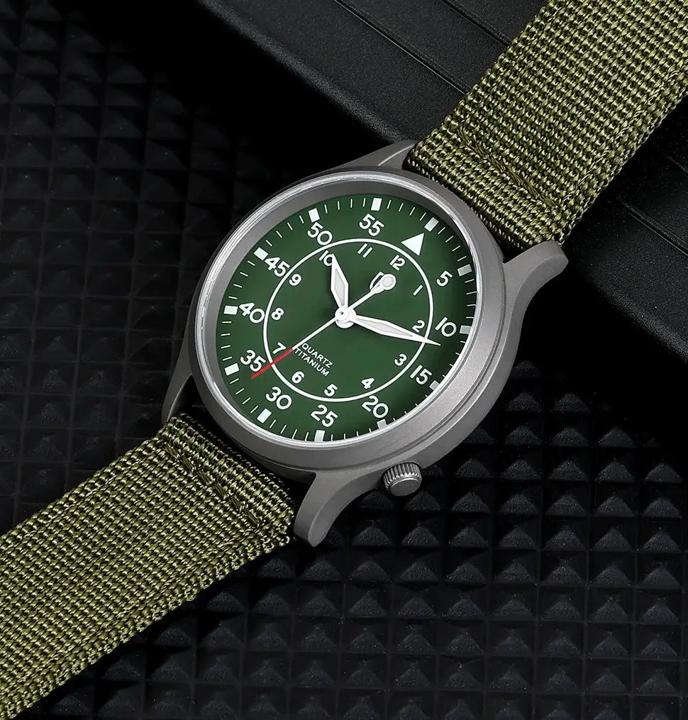 BERNY Titanium Watch for Men with green dial, olive strap, luminous hands