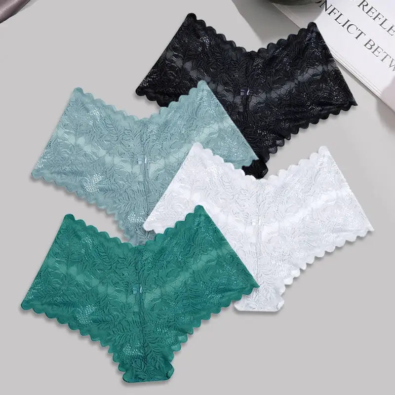 FINETOO lace floral boyshorts underwear, 4-piece set in black, teal, light blue, and white with scalloped edges