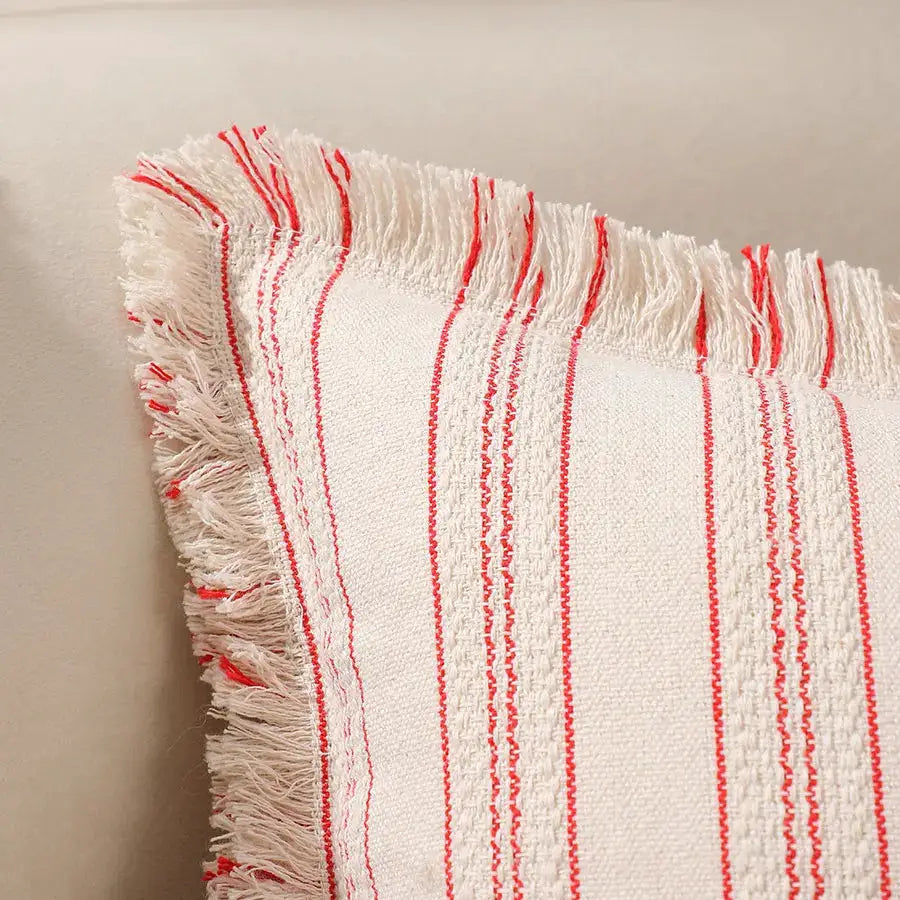 Summer Boho Pillow Cover 30x50 with white woven fabric and red striped fringed edges