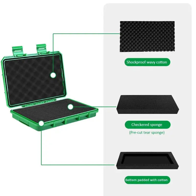 1PC waterproof storage case by Simples Market with foam padding for precision tools, green, shockproof.