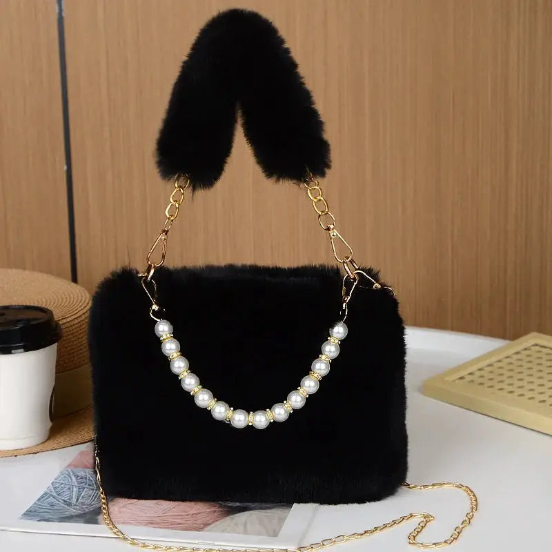 Fashionable pearl rabbit fur handbag with pearl beaded strap by Simples Market, black with gold chain crossbody