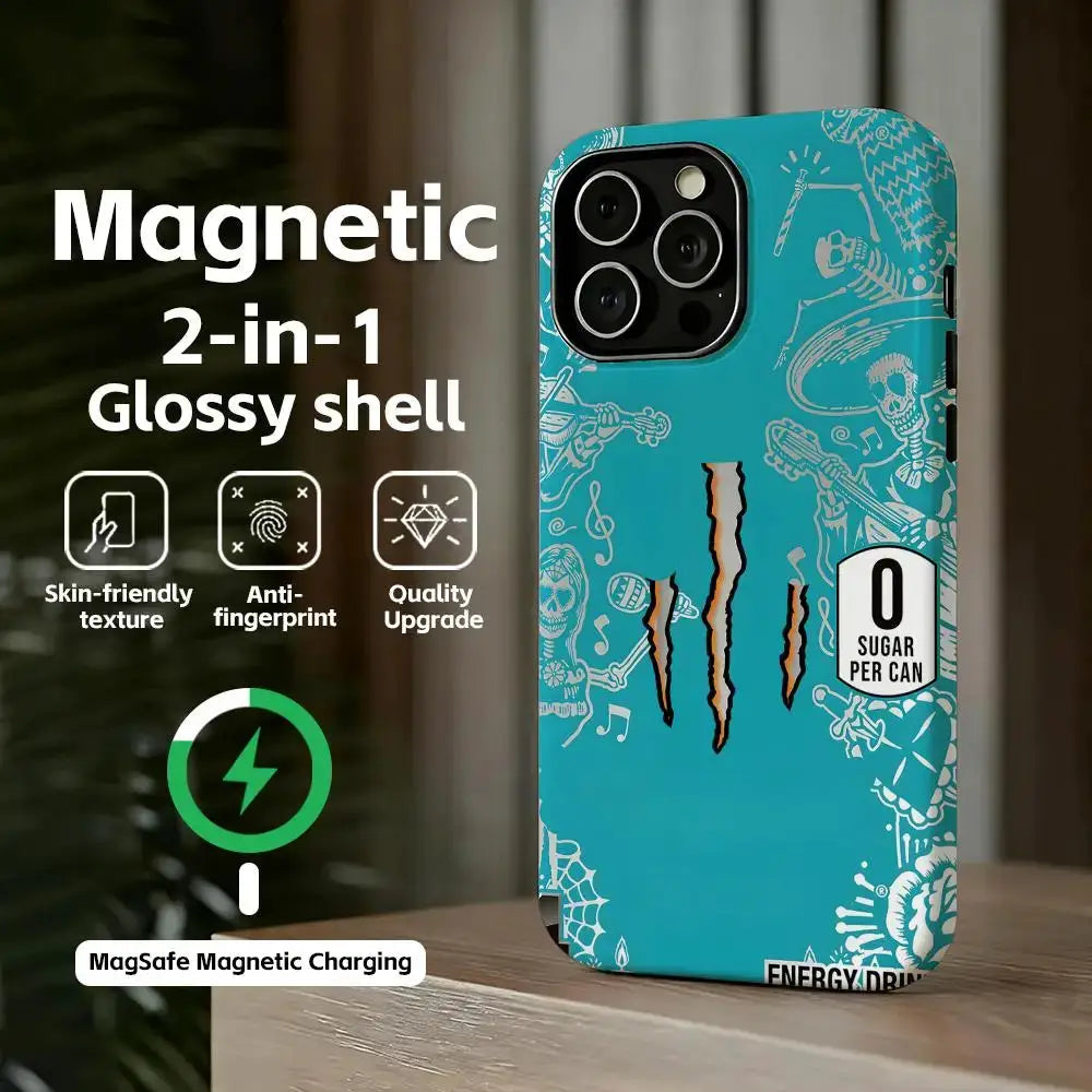 M-MonsterES magnetic 2-in-1 glossy phone case for iPhone by Simples Market, teal energy-drink skeleton design