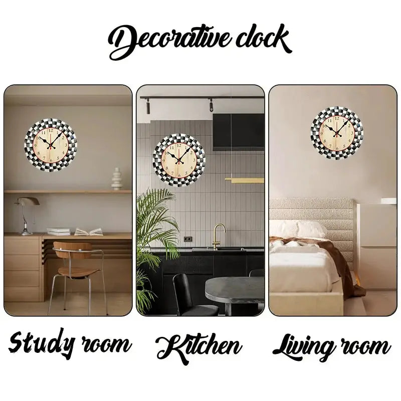 Wall clock, black-and-white grid wooden round design with silent movement; suitable for living room, kitchen, and study.