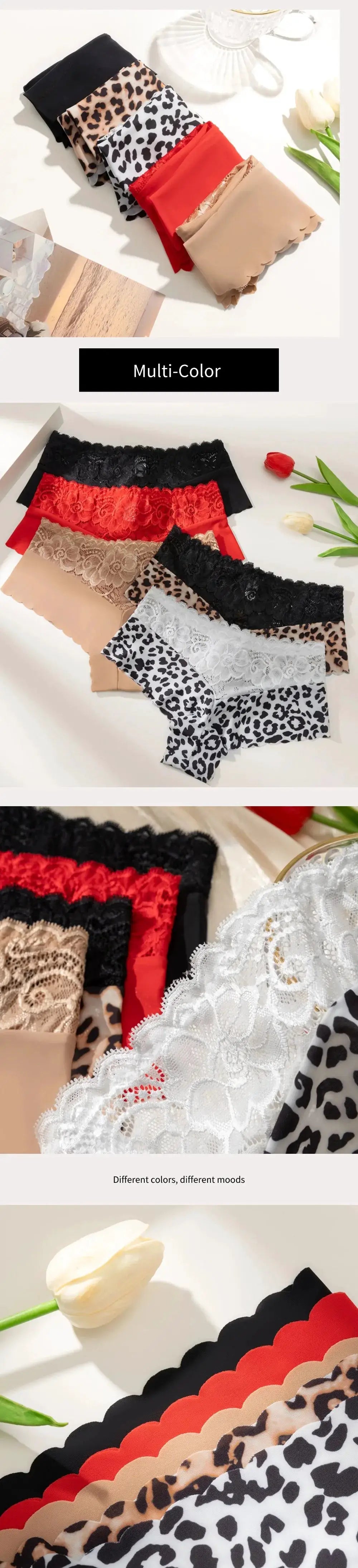 Women's 3-piece lace panties set in leopard and solid colors by Simples Market