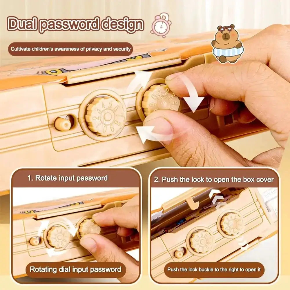 Capibara pen case with dual password dial in beige ABS, colorful pencil box for office or school