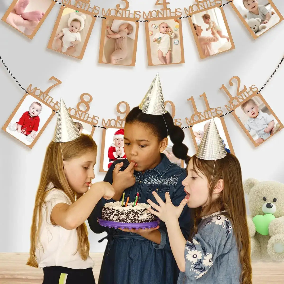 Baby First Birthday Banner Growth Record 1-12 Months Kraft Paper Photo Props For Baby Boy Or Girl Party Decoration