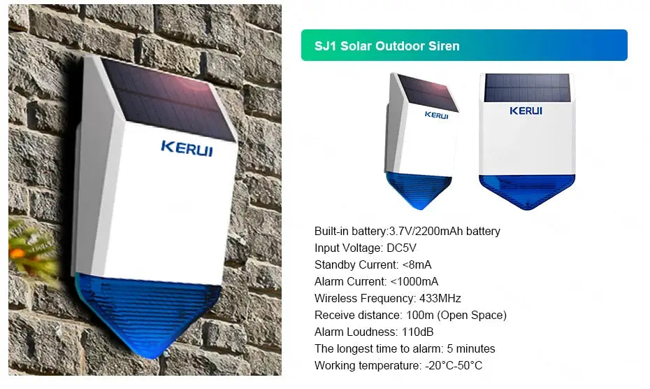 KERUI Solar Outdoor Siren, wall-mounted white unit with blue base; 110dB, three units shown