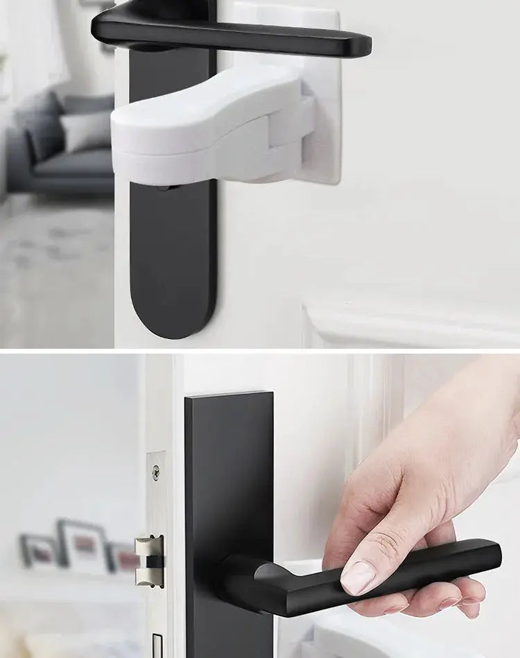 Universal door lever lock by Simples Market; white adhesive baby safety latch with black lever.