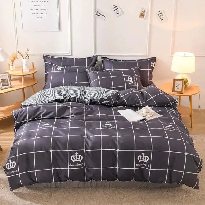 Simples Market four-piece cotton bedding set in charcoal gray with a white grid pattern.