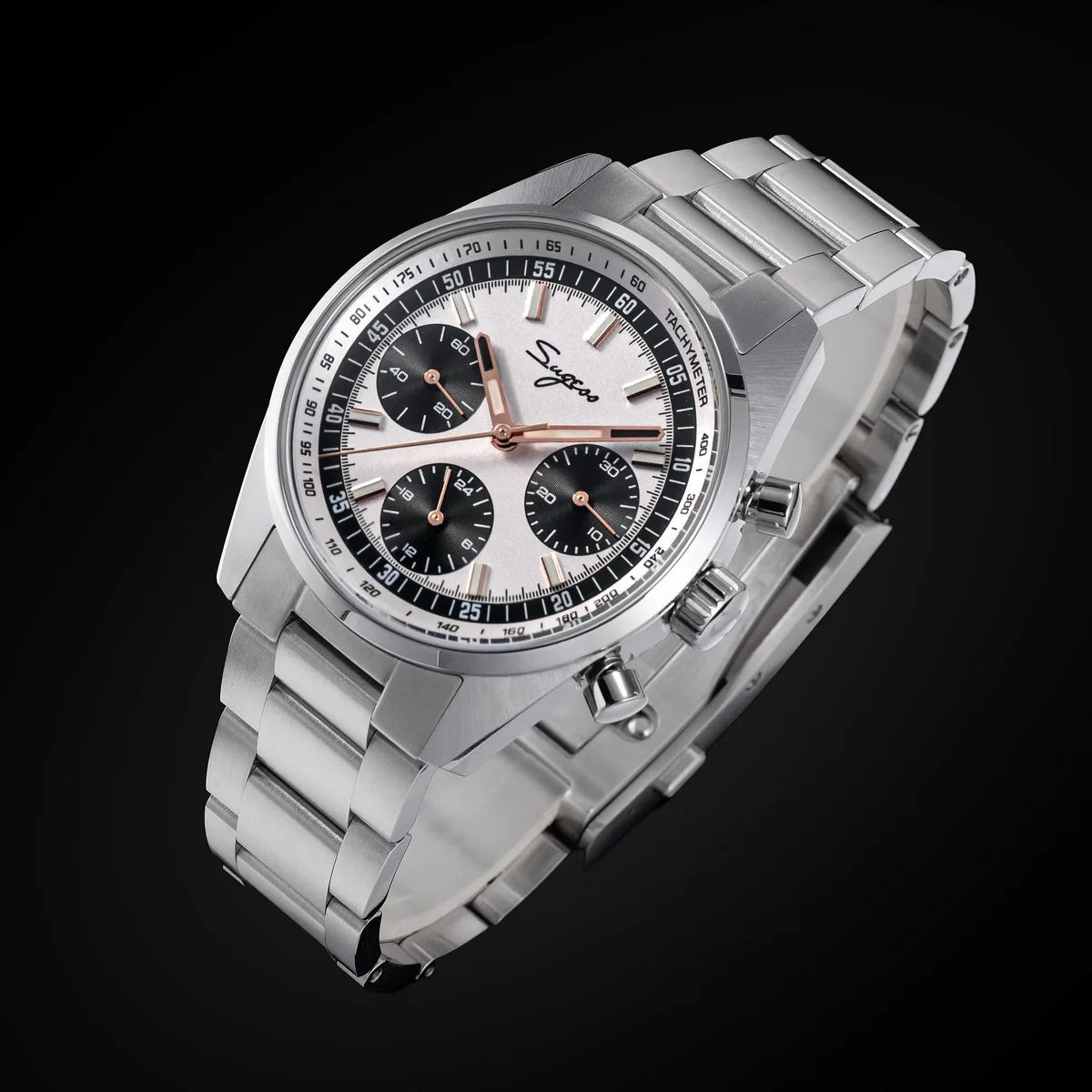 Sugess stainless steel mens chronograph watch 38mm with silver dial, black subdials, rose-gold hands, tachymeter bezel.