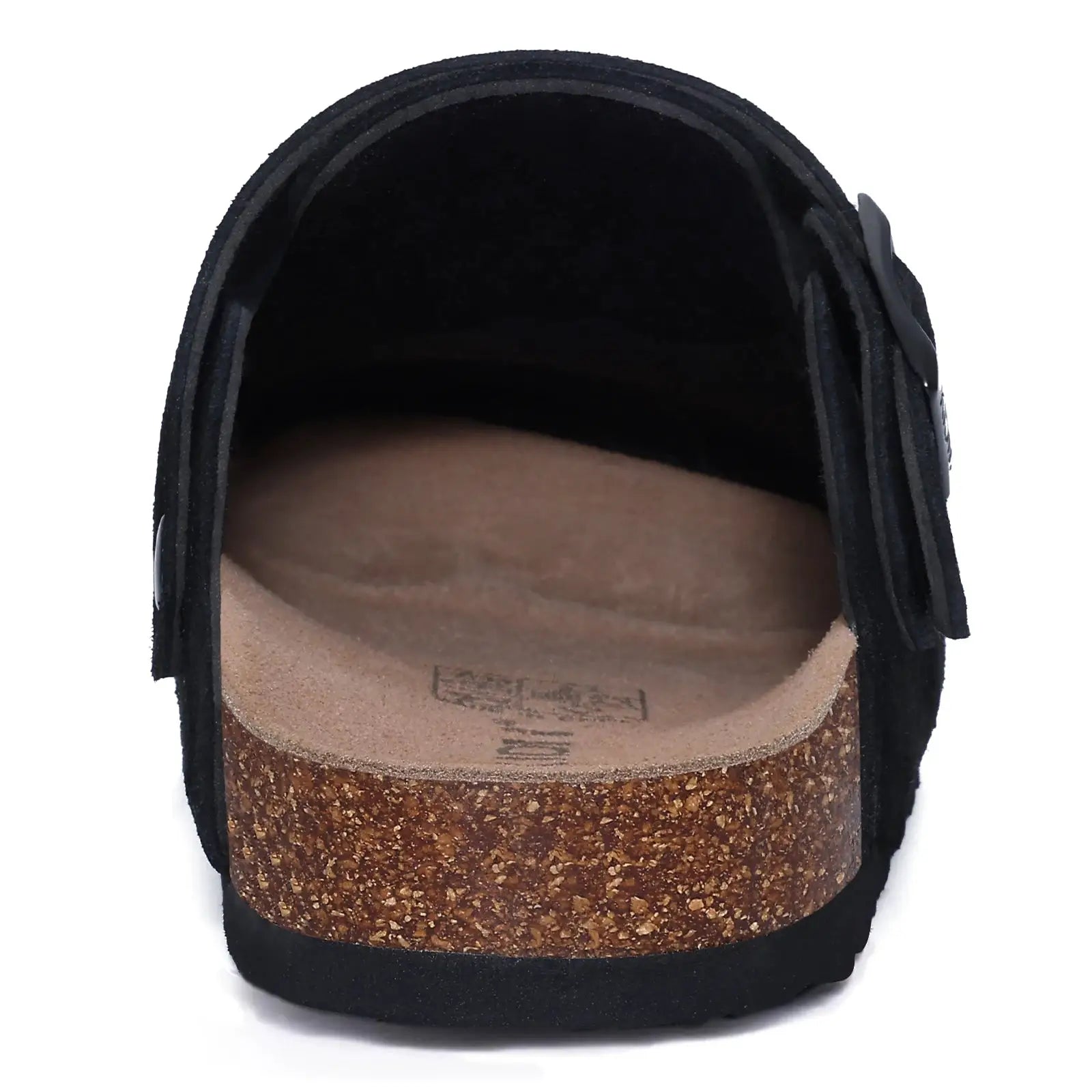 Litfun women's clogs with adjustable strap and cork footbed; black leather upper with cork sole.